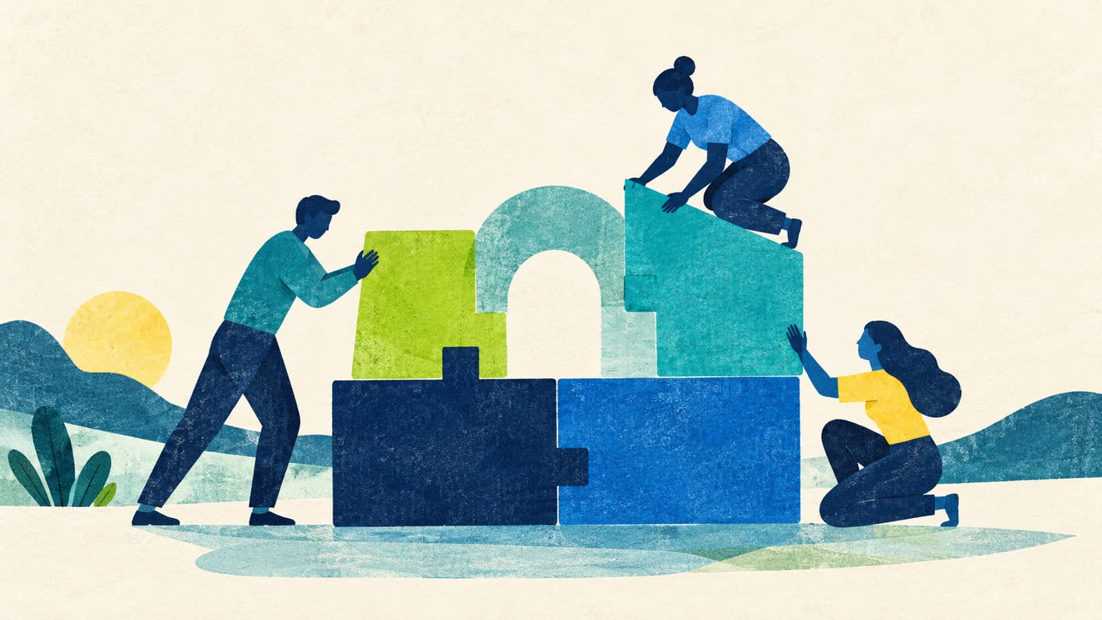 Three people assemble five coloured interlocking blocks into a sturdy foundation and arch.