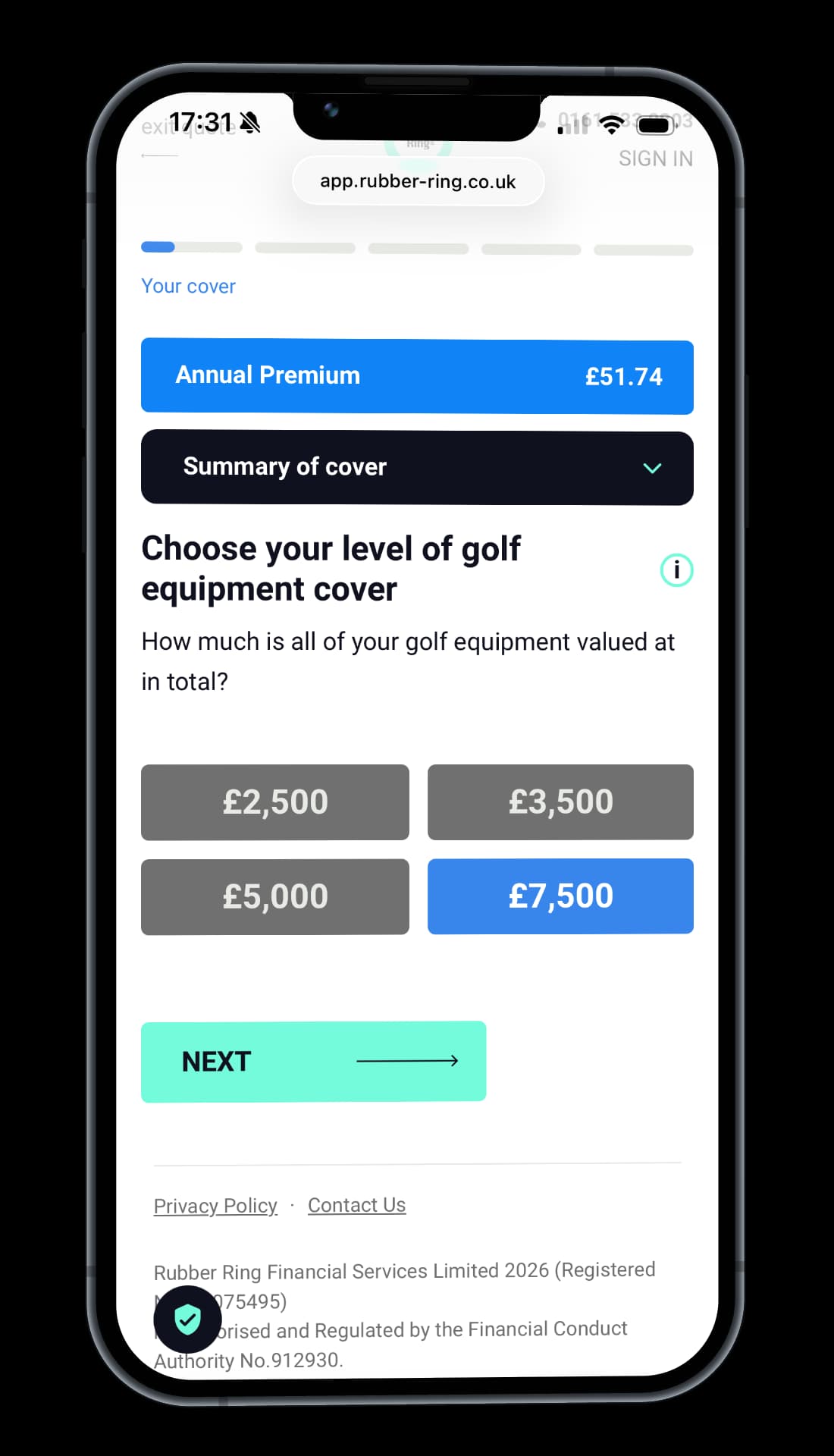 The Rubber Ring customer app showing a step of the guided quote flow on a phone