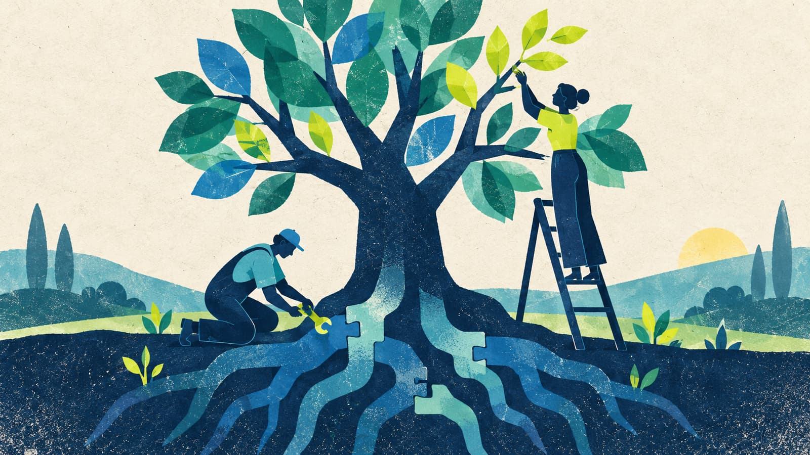 Two people tend a tree with interlocking roots, repairing its foundation and adding fresh lime-green growth.