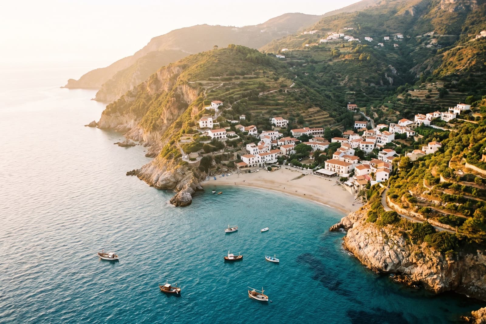 A Mediterranean coastline at golden hour