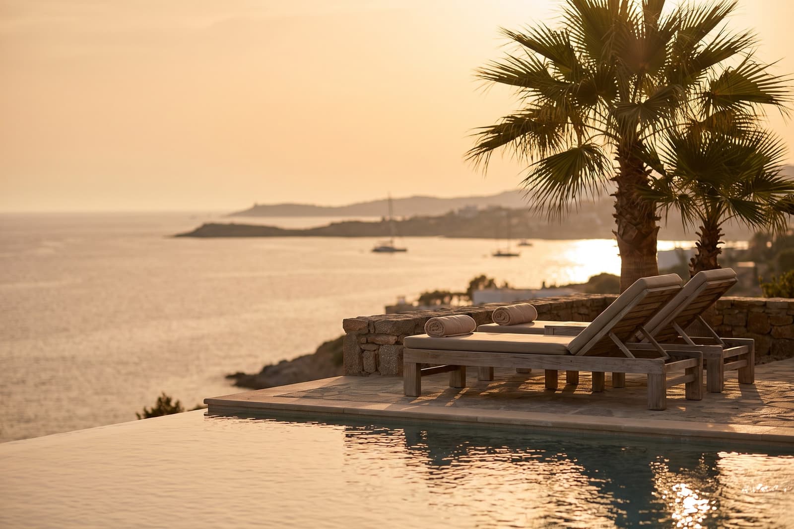 A resort infinity pool overlooking the sea at golden hour