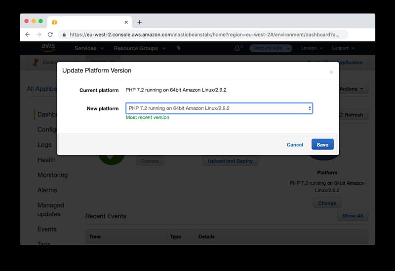 AWS Elastic Beanstalk console for Platform Version Retirement