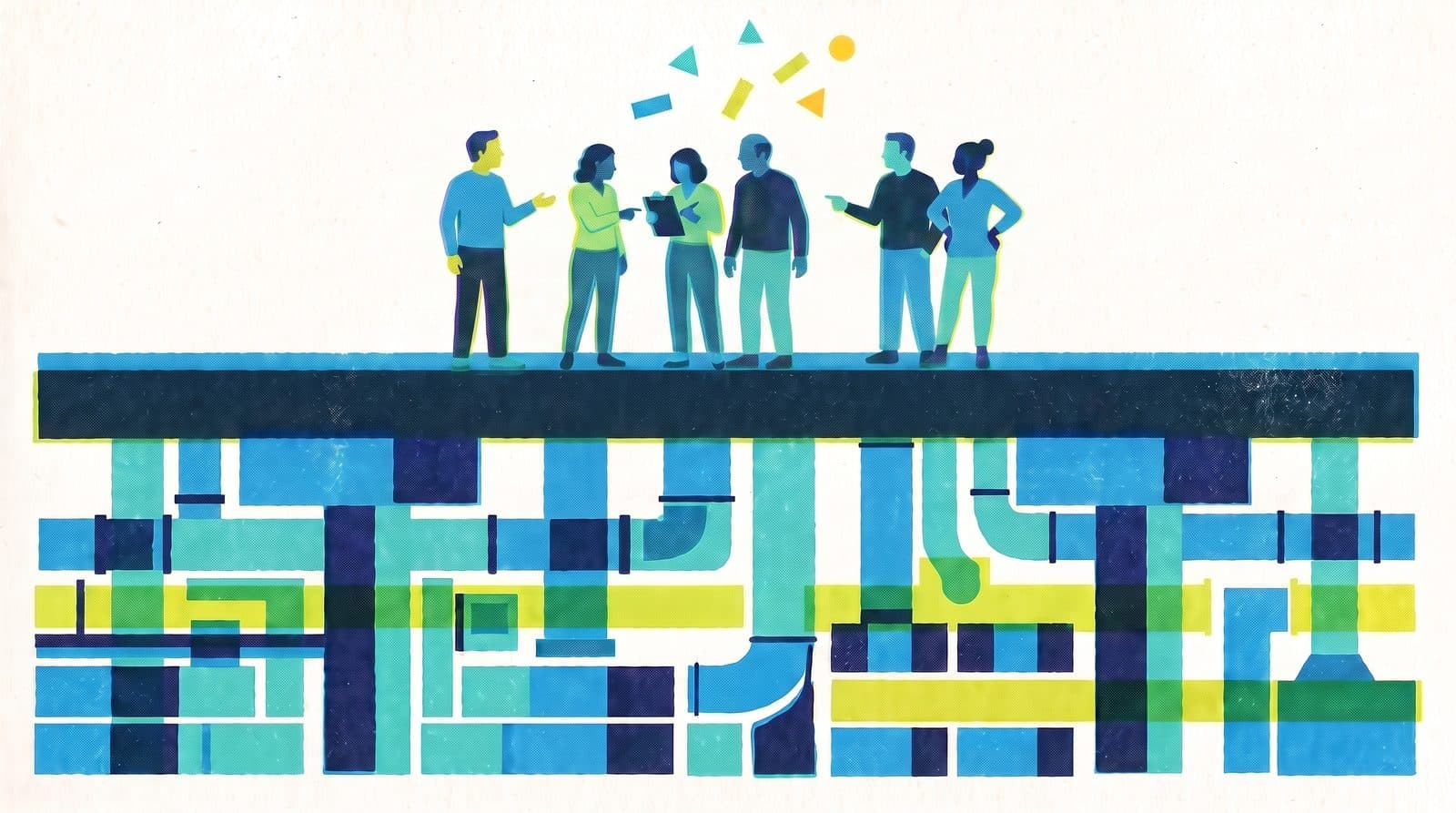 A small team of six people talking together on top of a solid platform, with the dense engineered infrastructure that carries it filling the space below