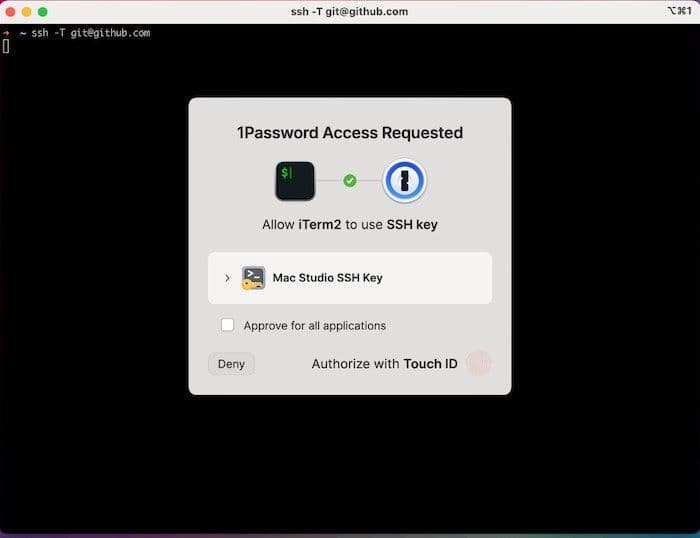 Screenshot mockup of the 1Password authentication prompt when accessing Github via SSH