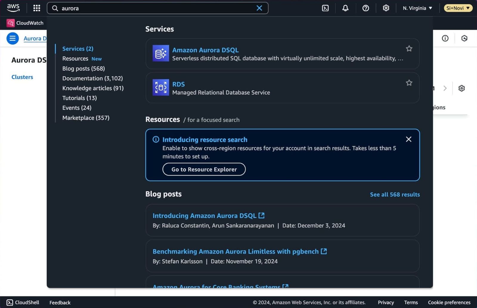 Amazon Aurora DSQL in the AWS console service search