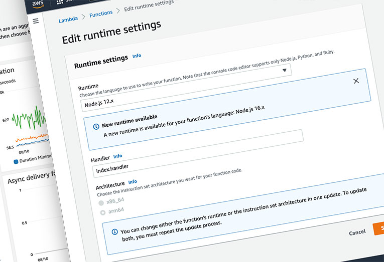 AWS Lambda Console depicting AWS withdrawing Lambda support for Node.js 12