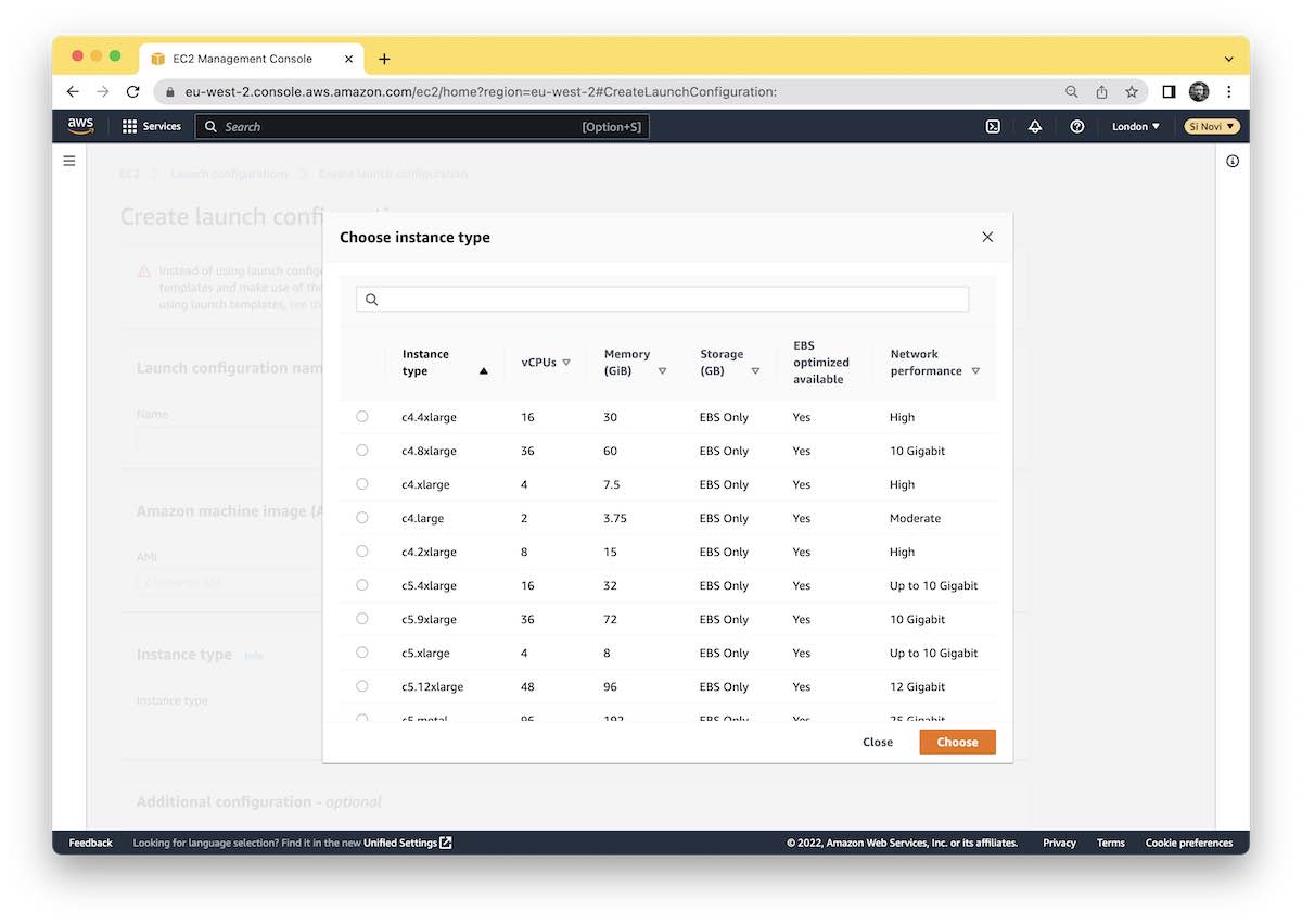 Screenshot of AWS console, choosing an instance type within the deprecated AWS EC2 Launch Configurations
