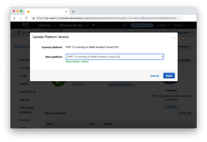 Screenshot of AWS Elastic Beanstalk console, chosing platform version