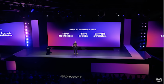 AWS CTO Werner Vogels delivering his keynote speach at re:Invent 2022 where he expressed his view that event-driven architectures increase developer speed, and help de-couple logic.