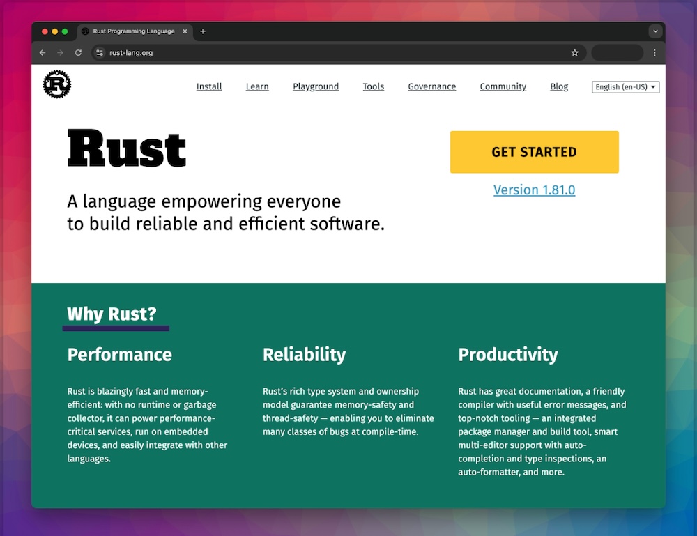 Screenshot of the Rust programming language website