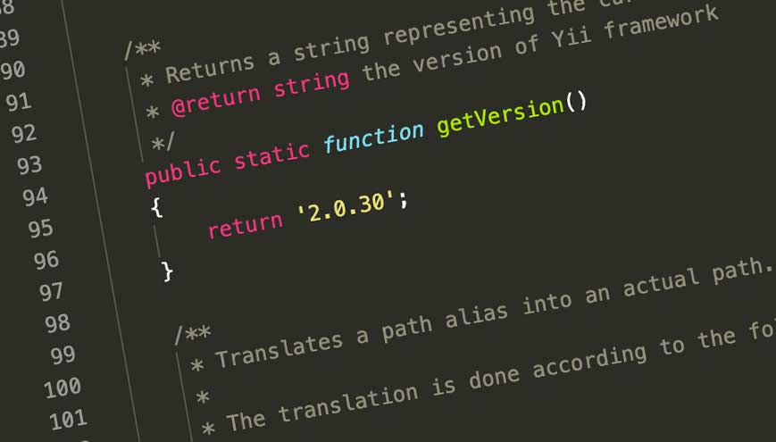 Screenshot of Yii 2 Framework code