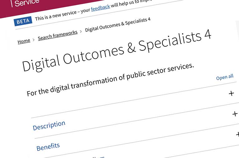 Screenshot of Digital Outcomes website - highliting a page surmising Digital Outcomes & Specialists 4 framework