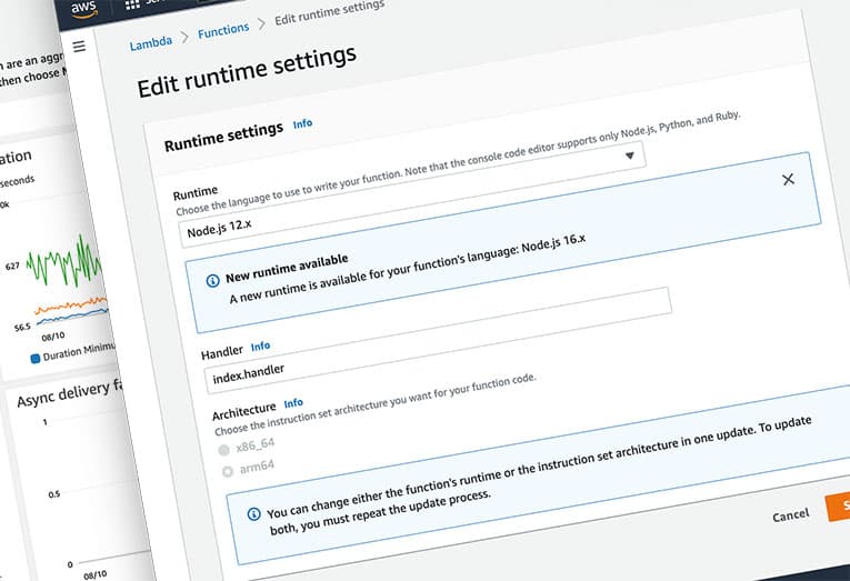 AWS Lambda end of support for Node.js 12 - serverless development in Manchester Screenshot of AWS Lambda console for Node.js 12 update