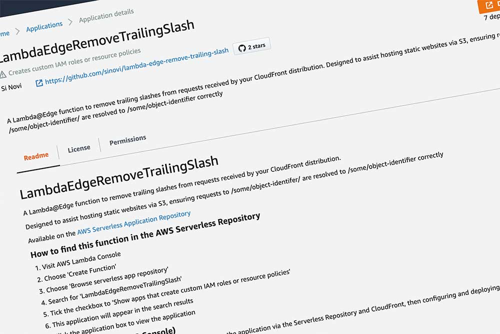 A screenshot of the AWS Serverless Repository listing of our Lambda@Edge function - LambdaEdgeRemoveTrainlingSlash