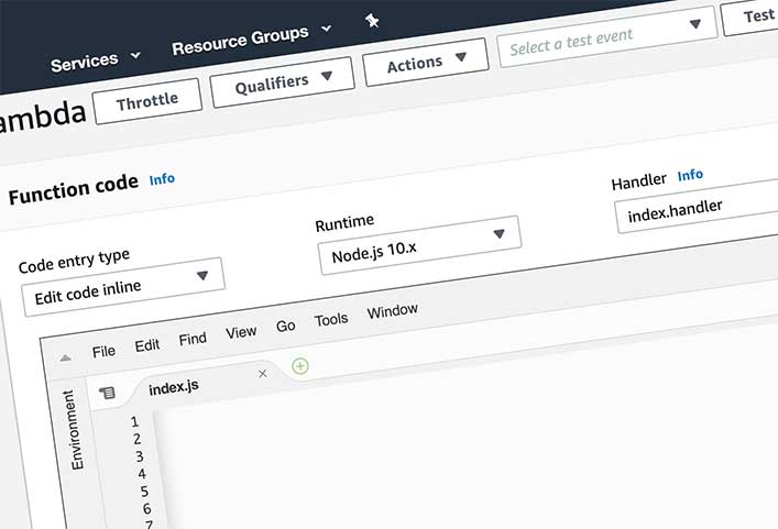 Screenshot of the AWS Lambda web console showing the web based text editor