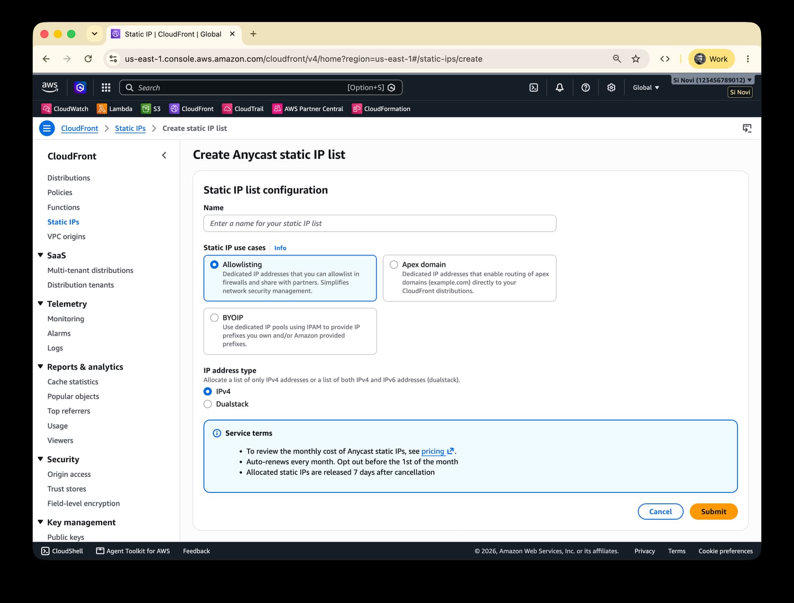 AWS Console showing creating an CloudFront Anycast Static IPs List