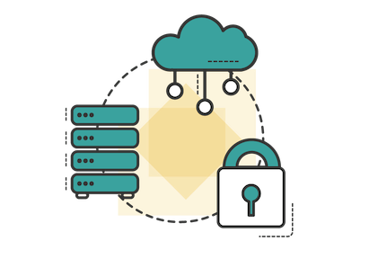 A graphic display a cloud (to symbolise cloud-computing), a server rack, and a padlock (to symbolise security). The elements are linked by a dotted line circle to convey the circle of trust and expertise