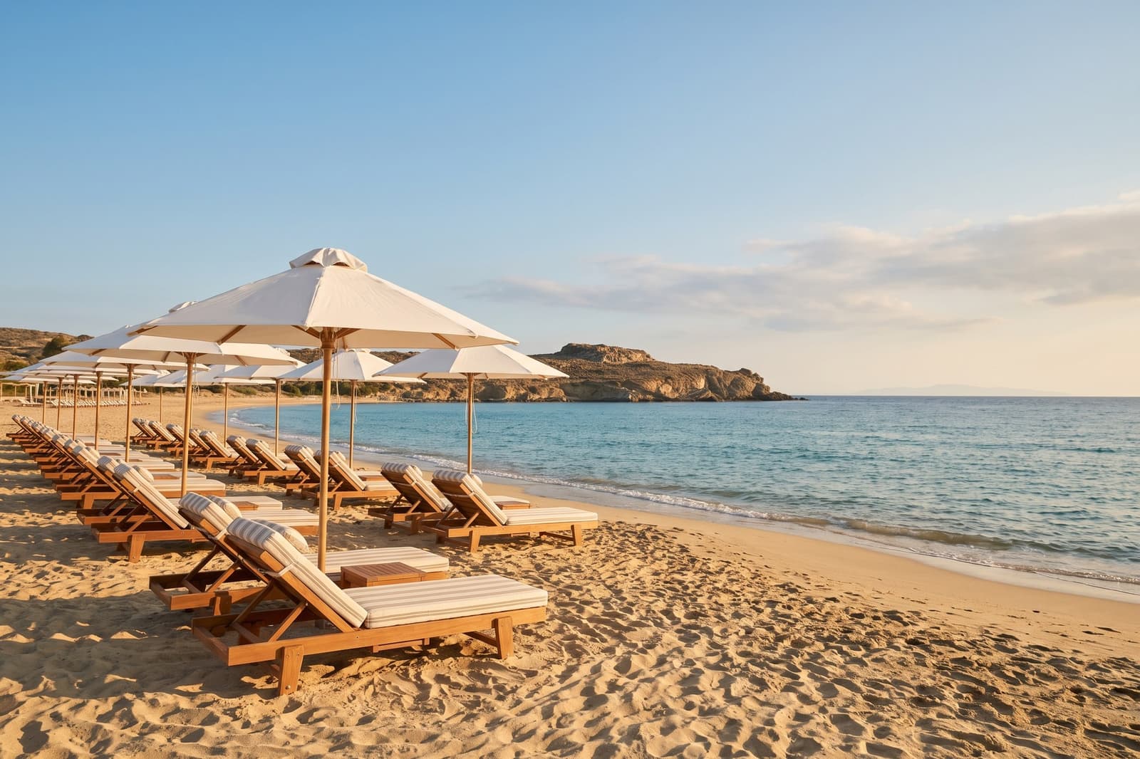 A package-holiday beach with sun loungers at golden hour