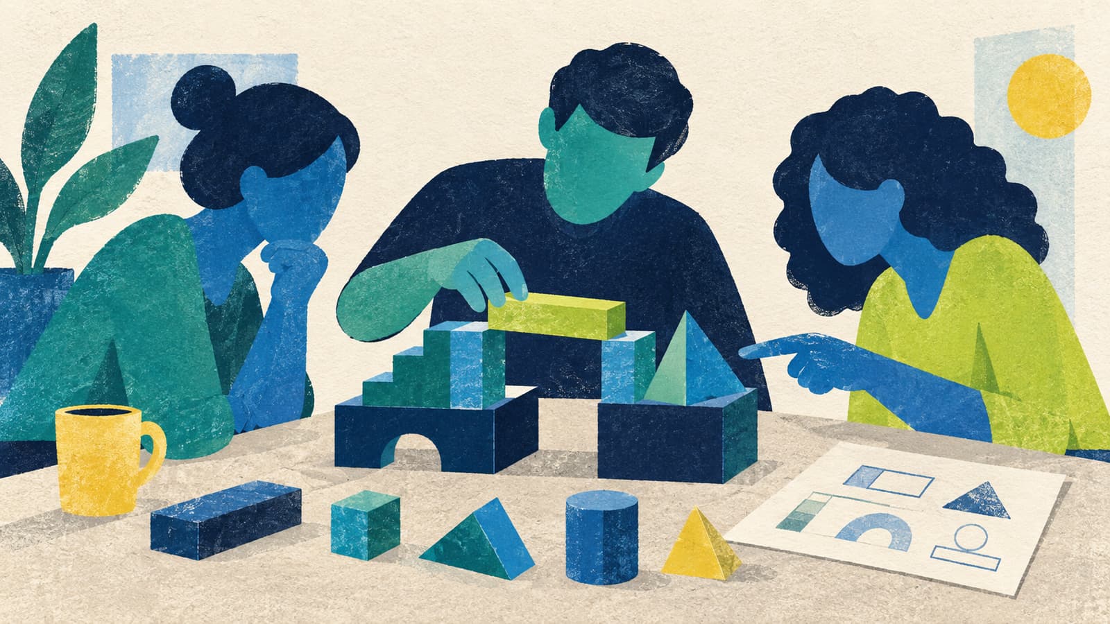 Three people test a small model on a table, trying a lime-green bridge piece among alternative geometric blocks.